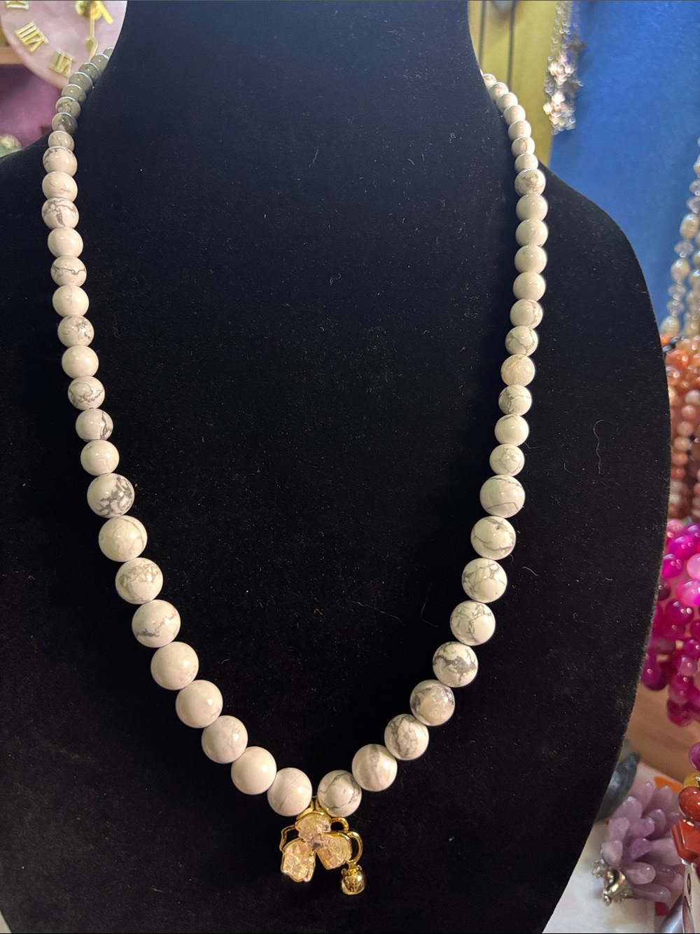 White Howlite Beaded Necklace with Gold Charm